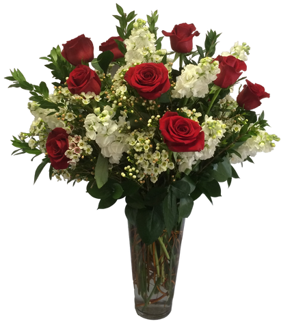 1 Dozen Red Primavera Roses with Stock, Tree Fern, Wax and Ruscus