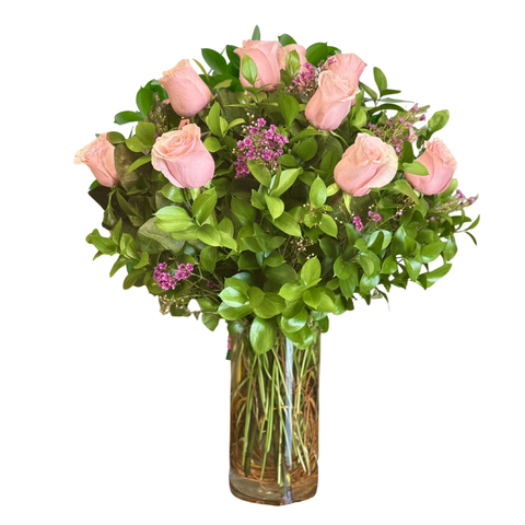 1 Dozen Pink Roses with Waxflower and Ruscus