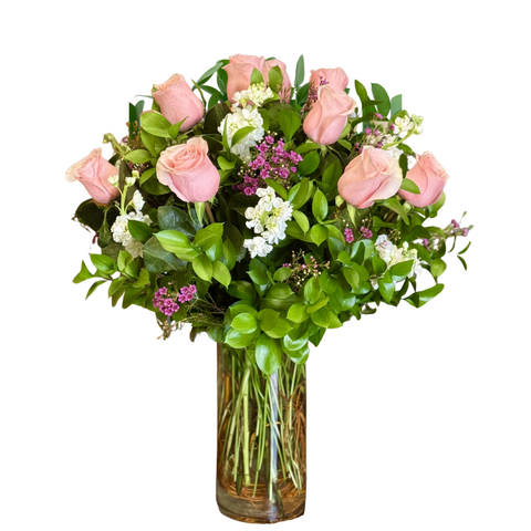 1 Dozen Pink Roses with Stock, Waxflower and Ruscus