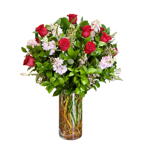 1 Dozen Red Primavera Roses with Stock, Wax and Ruscus