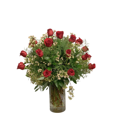2 Dozen Red Primavera Roses with Wax and Ruscus
