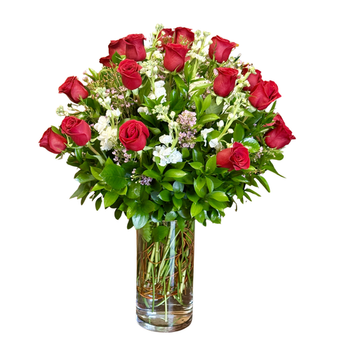 2 Dozen Red Primavera Roses with Stock, Wax and Ruscus