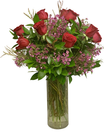 1 Dozen Rosaprima Red Roses with Waxflower and Ruscus